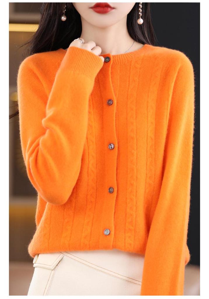 Women's Spring Cashmere Cardigan - Round Neck, Solid Color, Cable Knit, Loose Fit, 100% Pure Wool Sweater