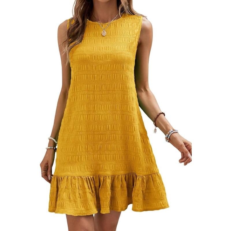 

Женская мода лето весна однотонный принт без рукавов с круглым вырезом свободная талия повседневные платья XXXL жёлтый