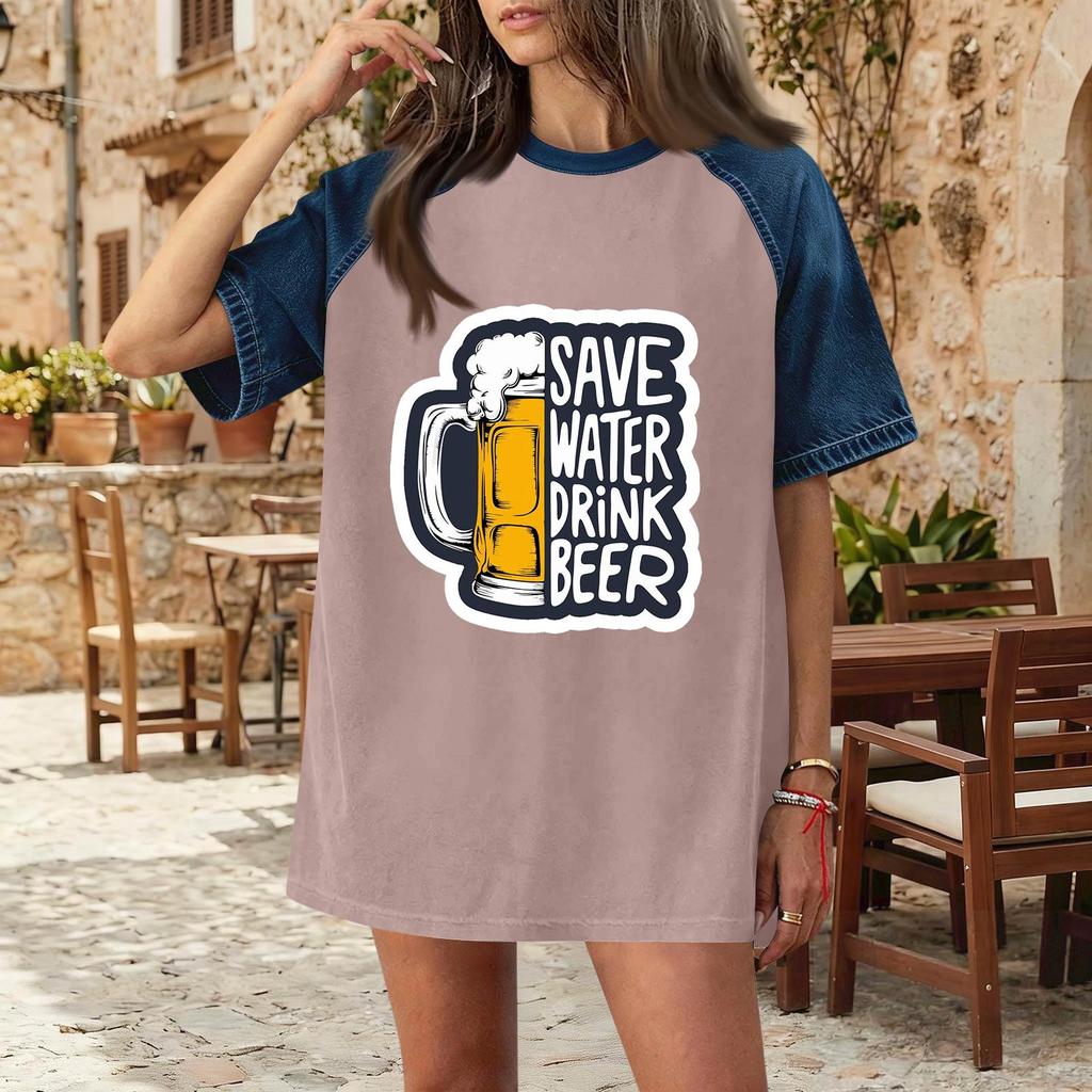 Casual Women Denim Patchwork Oktoberfest Graphic T Shirt Comfortable Short Sleeve Loose Fit Top for Daily Wear