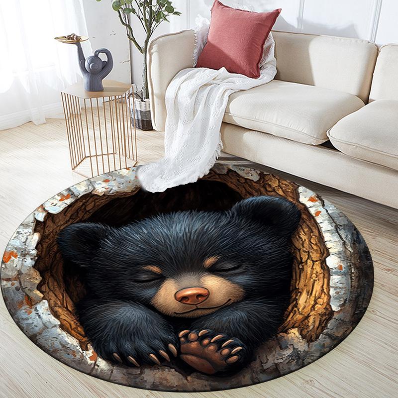 Bear Cub Round Area Rug,Carpet Rug for Living Room Bedroom Sofa Playroom Decor,Non-slip Floor Mat