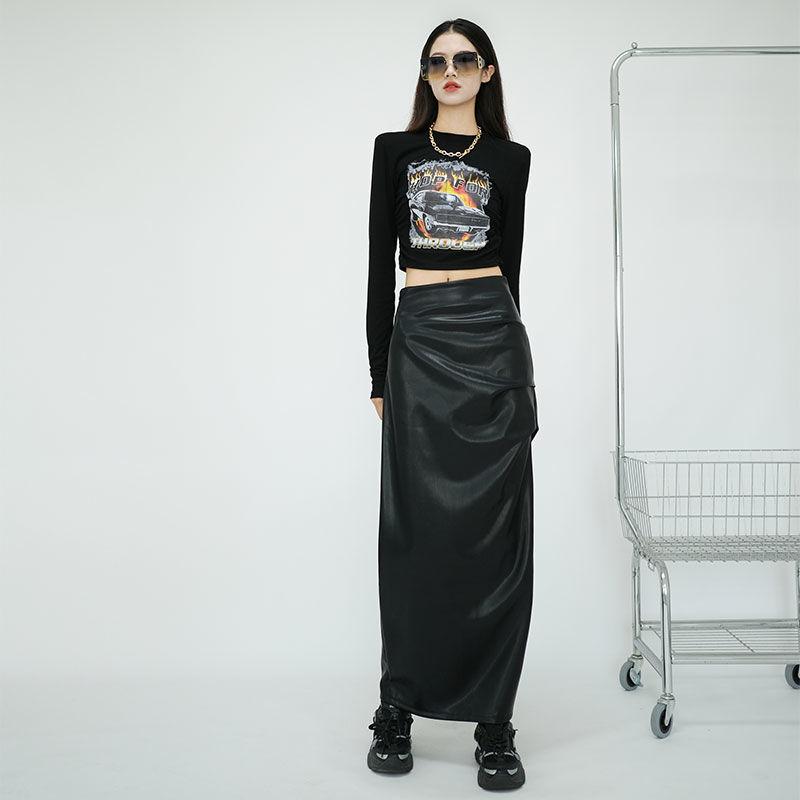 Black High Waist Folds Side Split Pu Leather Skirts For Women Autumn Winter Elegant Brown Bodycon Long Skirts