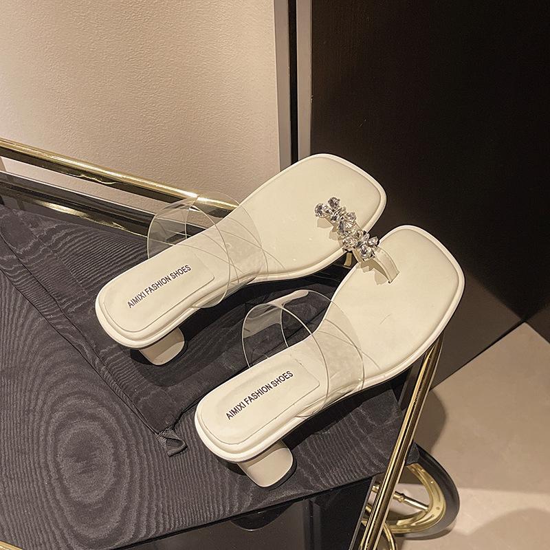 Versatile bow rhinestone cover toe thick heel slippers 2025 summer fashion fairy transparent high heel sandals