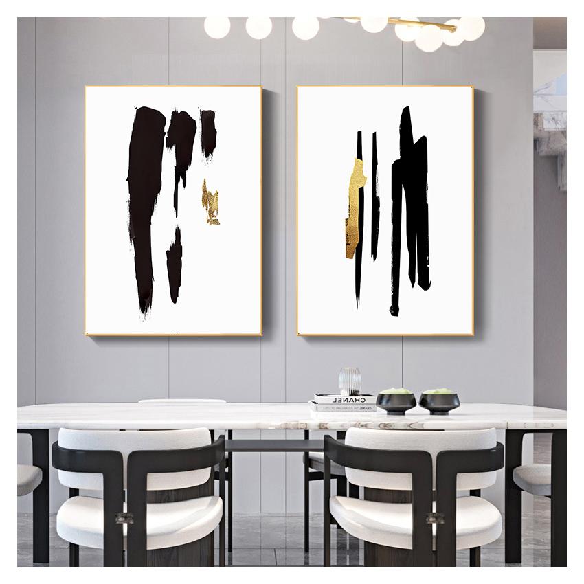 Minimalistická malba na plátně Nástěnná malba Plakát Tisk Obrázky Obývací pokoj Domácí dekorace interiéru Abstrakt Černé zlato štětec Line