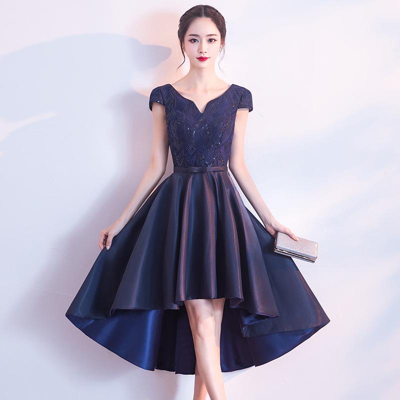 

Evening dress, spring new model, dignified and elegant, short front and back, long-term party party, thin dress XS тёмно-синий