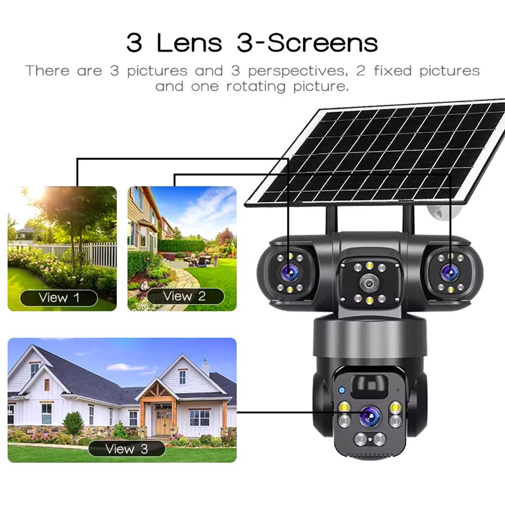 Echte 360° kabellose Solar-Überwachungskamera mit Dreifachobjektiv & 4G mobilem Fernzugriff