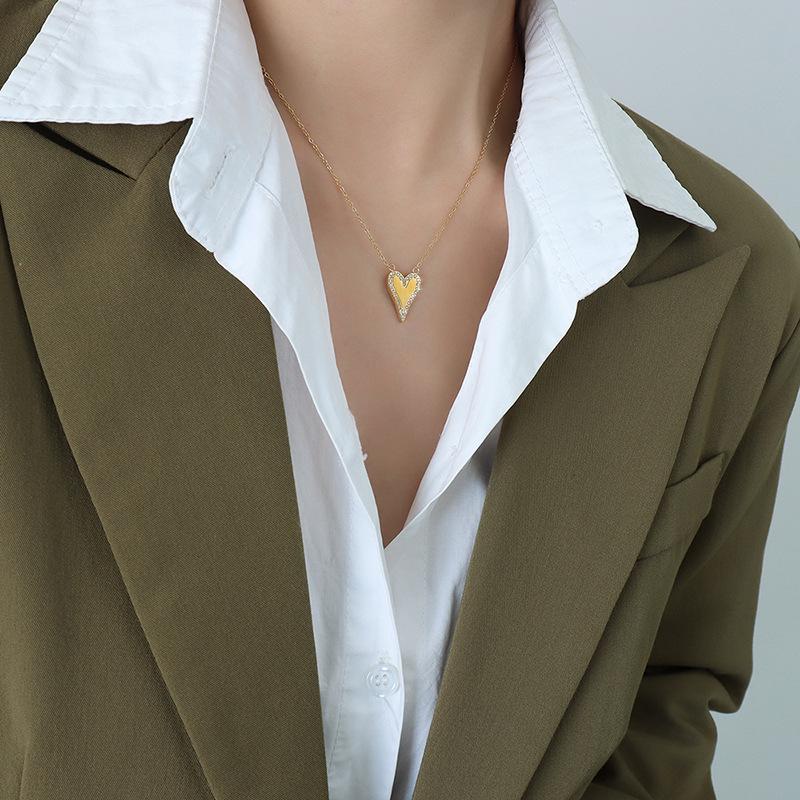 Korean Zircon Peach Heart Pendant Necklace in 18K Gold-Plated Titanium Steel