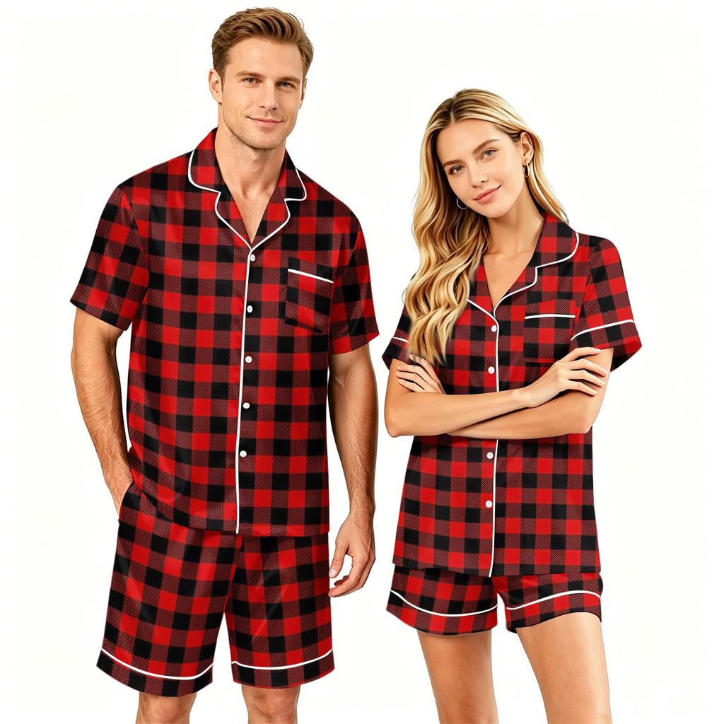 Couple Matching Pajama Set Short Sleeve Button Down Sleepwear Set with Shorts Soft Casual Loungewear S To XXXXL