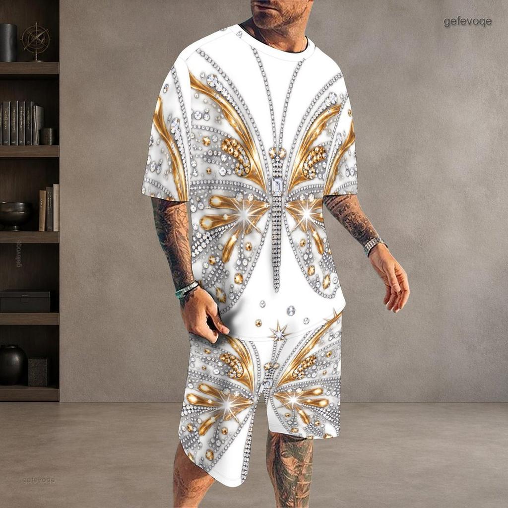 Men s Plus Size Round Neck Short Sleeve Printed Top And Drawstring Shorts With Pockets Two Piece Set Black Blue Green