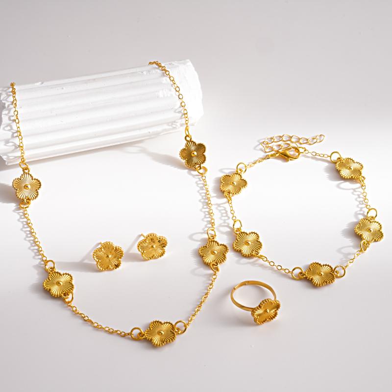 Trendy Luxury Five Leaf Flower Bracelets Necklace For Women Gold Color Flower Chain Bracelet Earrings Set Wedding Party Jewelry