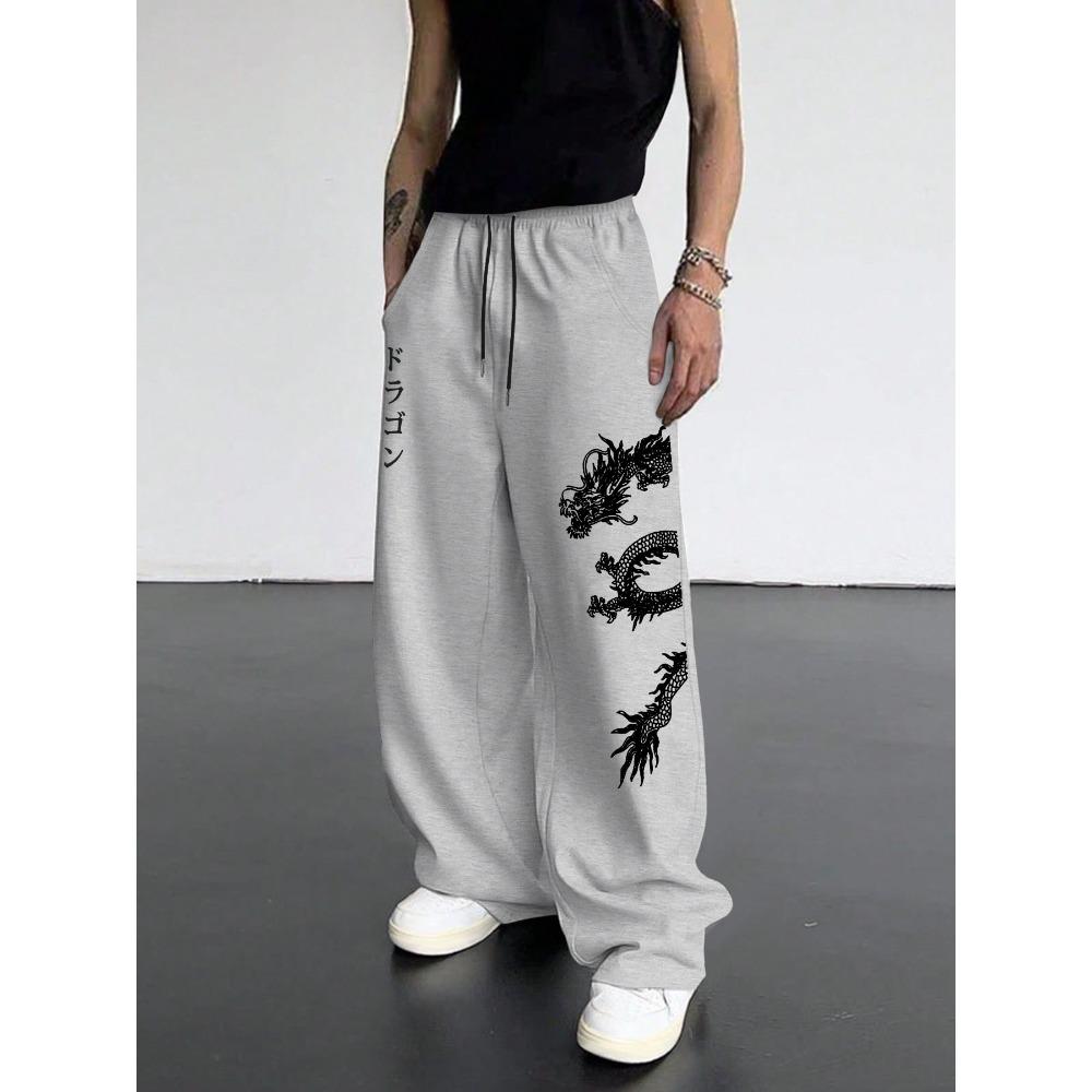 Men's Casual Pants with Trendy Dragon Pattern Letter Print Design, Daily Casual Wear, Cool Style, Versatile Wide Leg Pants