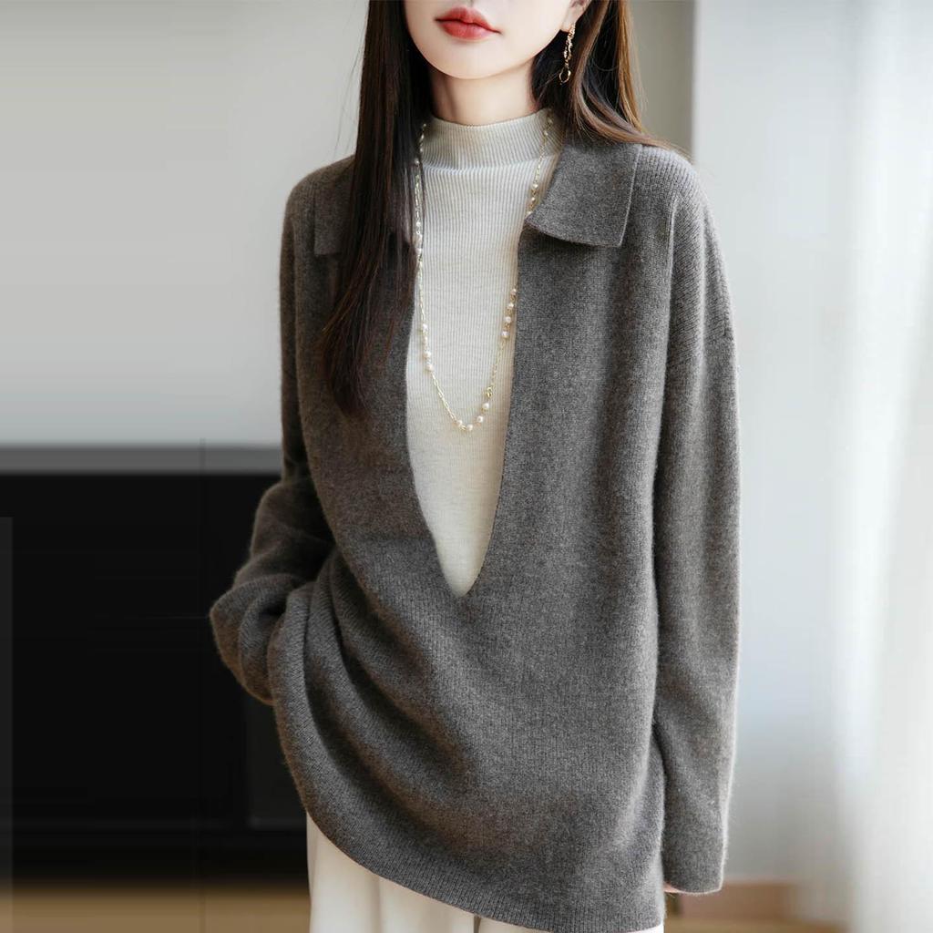 Women's POIO Collar Wool Sweater: Casual, Autumn/Winter, Long Sleeve, Loose, Slimming, Versatile Knit Pullover.