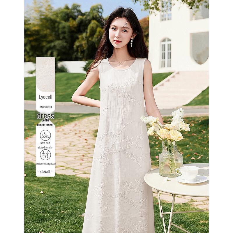 Elegant Embroidered Lyocell Sleeveless Midi Dress S
