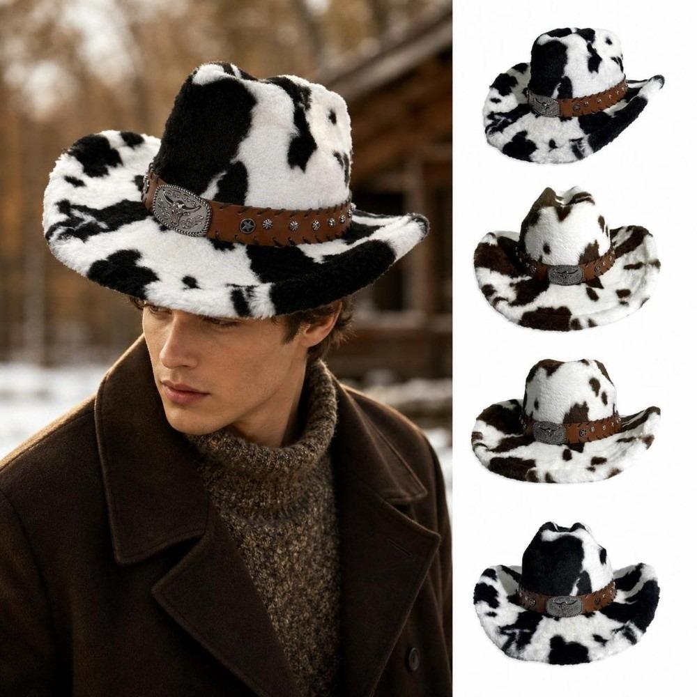 Wide Brim Cow Print Hat Leather Strap Western Cowboy Hat Retro Plush Cowboy Hat Outdoor Travel