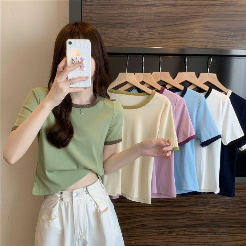 O Neck Knit Crop Top Frauen Sommer Casual T Shirt Grundlegende Sexy Streetwear Kurzarm Tops