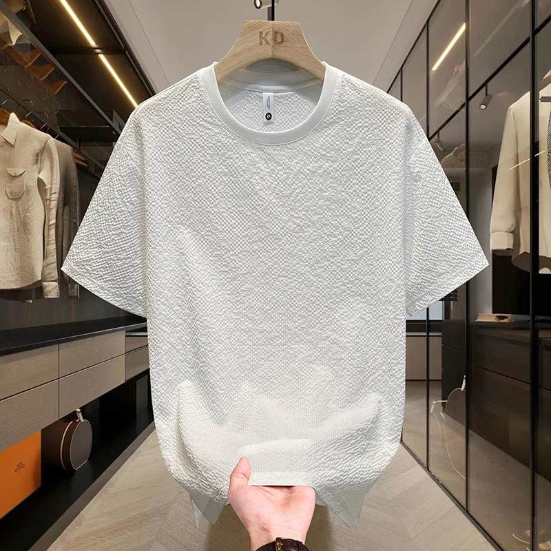 Sommer-Seersucker-T-Shirt für Herren Slim Fit Rundhalsausschnitt Kurzarm Leichtes Atmungsaktives Oberteil Herren Sommer T-Shirt 3XL weiß