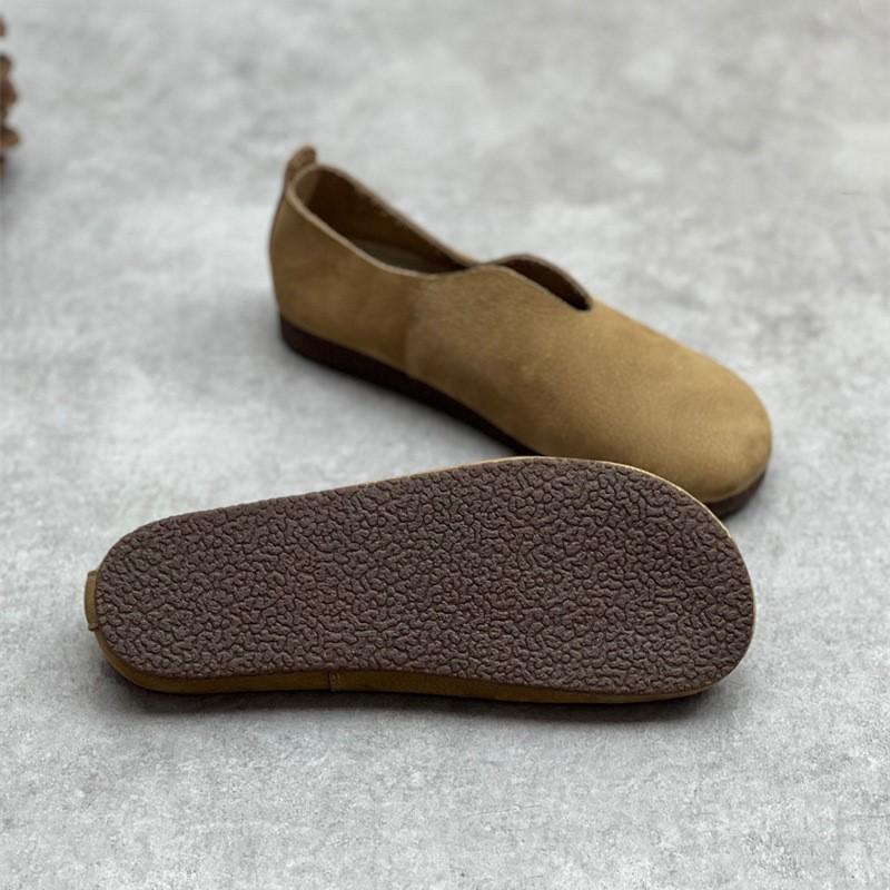 Johnature Genuine Leather Solid Color Women Flats Shoes Concise Retro Handmade Round Toe Shallow Slip-on Shoes