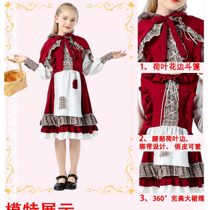 Girls Halloween Costume Dress Cosplay Little Red Riding Hood Princess Outfit Sweet Style Stage Performance