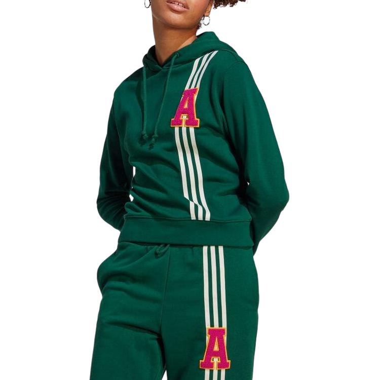 adidas Striped Towel Embroidered Letter Print Hoodie Women Tops Dark-Green IC5230
