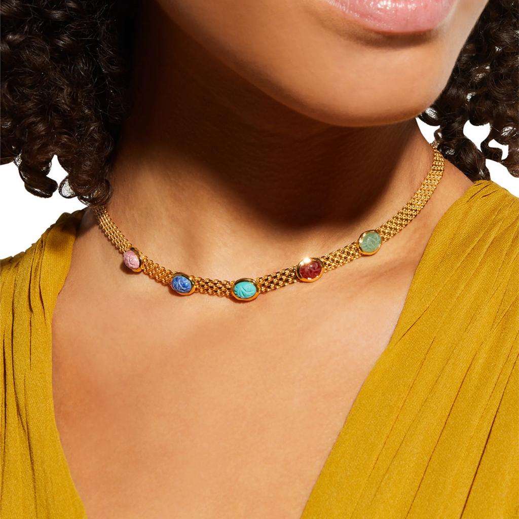 Premium Metal Copper Plated 18K Real Gold Inlaid Colorful Gemstone Clavicle Chain Niche Light Luxury Wide Necklace