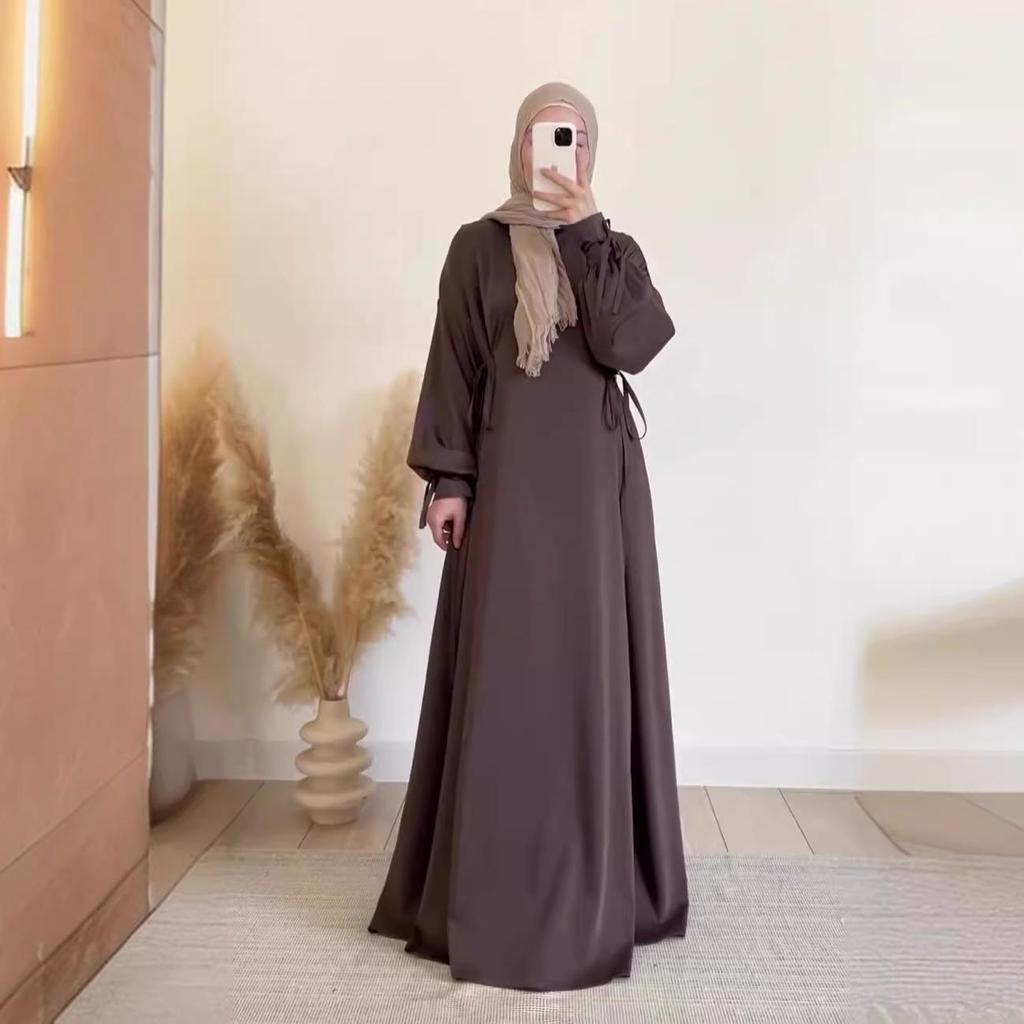 Rochie lungă slim A-line cu mâneci felinar și cravată, culoare uni, toamnă 2024