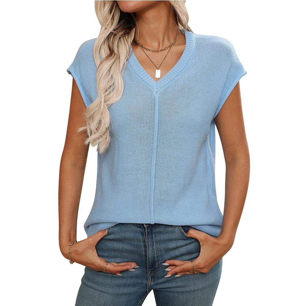 Summer Women's V-neck Top Knitted Coarse Needle Casual T-Shirts