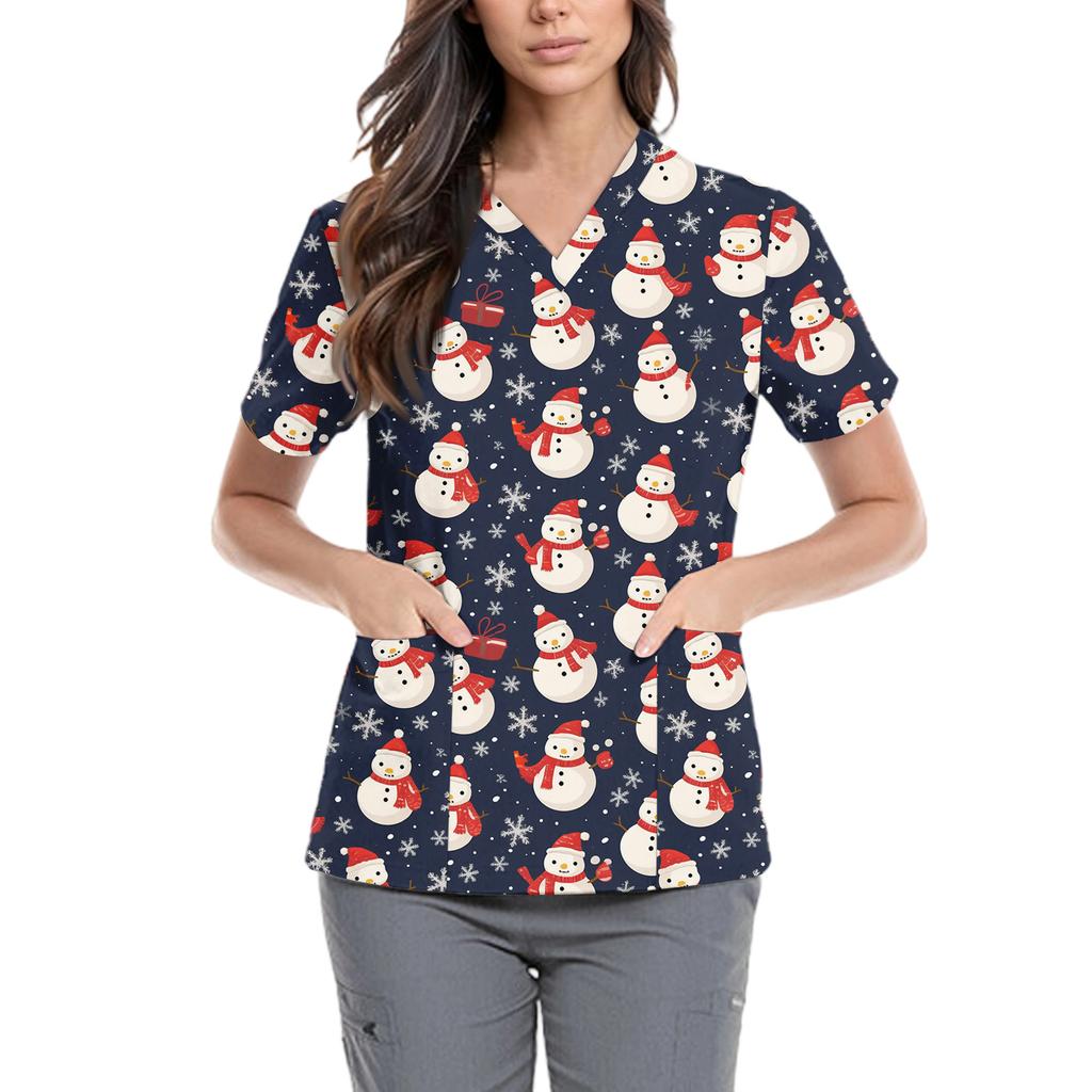 Women's Cute Bow Printed Work Clothes V-neck Double Layer Pockets Basic Short Sleeve Top Pullover