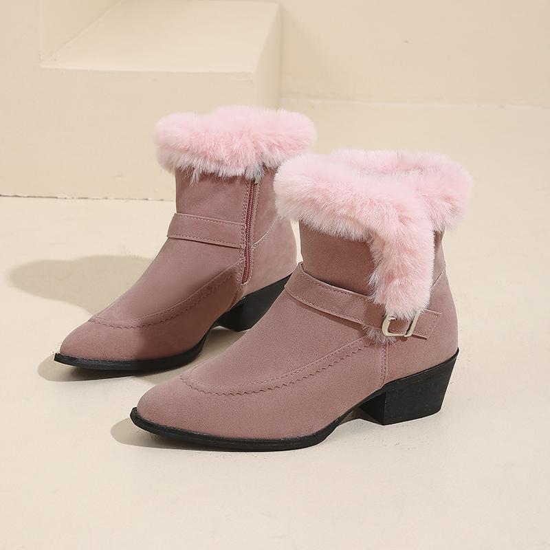 Fashion Winter New Block Heel Cotton Boots Women's Fashion Pointed Toe Side Zipper Suede Metal Buckle Short Boots