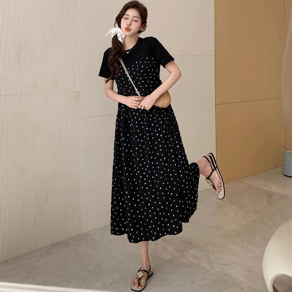 Dimanaf 2025 Summer Plus Size Dress Women Casual Polka Dot Printing Vintage Dress Basic Loose Black O-Neck Long Dress
