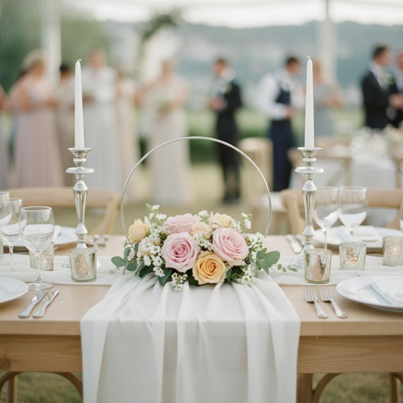 10 Sets Floral Wreath Centerpiece Set with 20-25cm Silvery Metal Ring & Wooden Base Reusable Hoops Wedding Garlands Table Decor