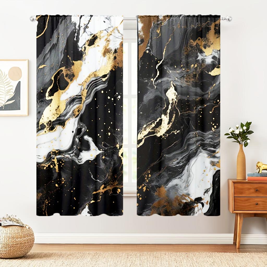 2pc Marble Pattern Curtains, Polyester Fabric, Machine Washable, Suitable for Bedroom Living Room Decoration