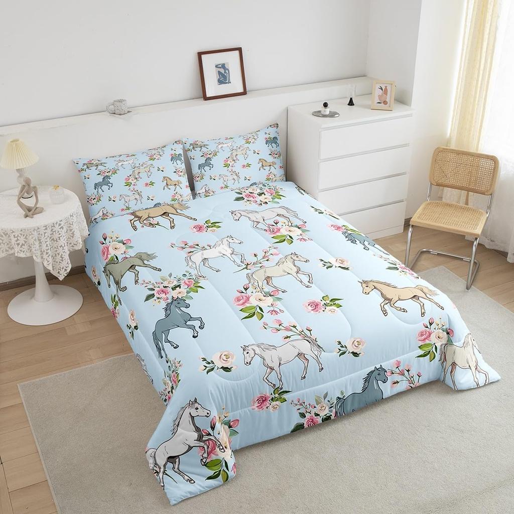 Erosebridal Horse Quilt Twin Size, Farmhouse Western Cowboy Cowgirls Duvet Insert for Kids Boys Girls Teens, Cartoon Kawaii Horse Bedding Se