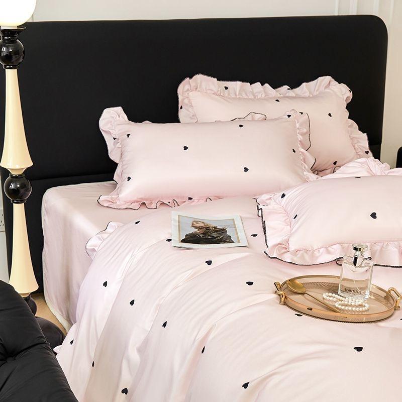 Korean Pink Heart Duvet Cover Sets For Girls 2025 New Blue Dot Ruffles Bedding Sets 4PCS Queen Size for Bedroom Guest Room
