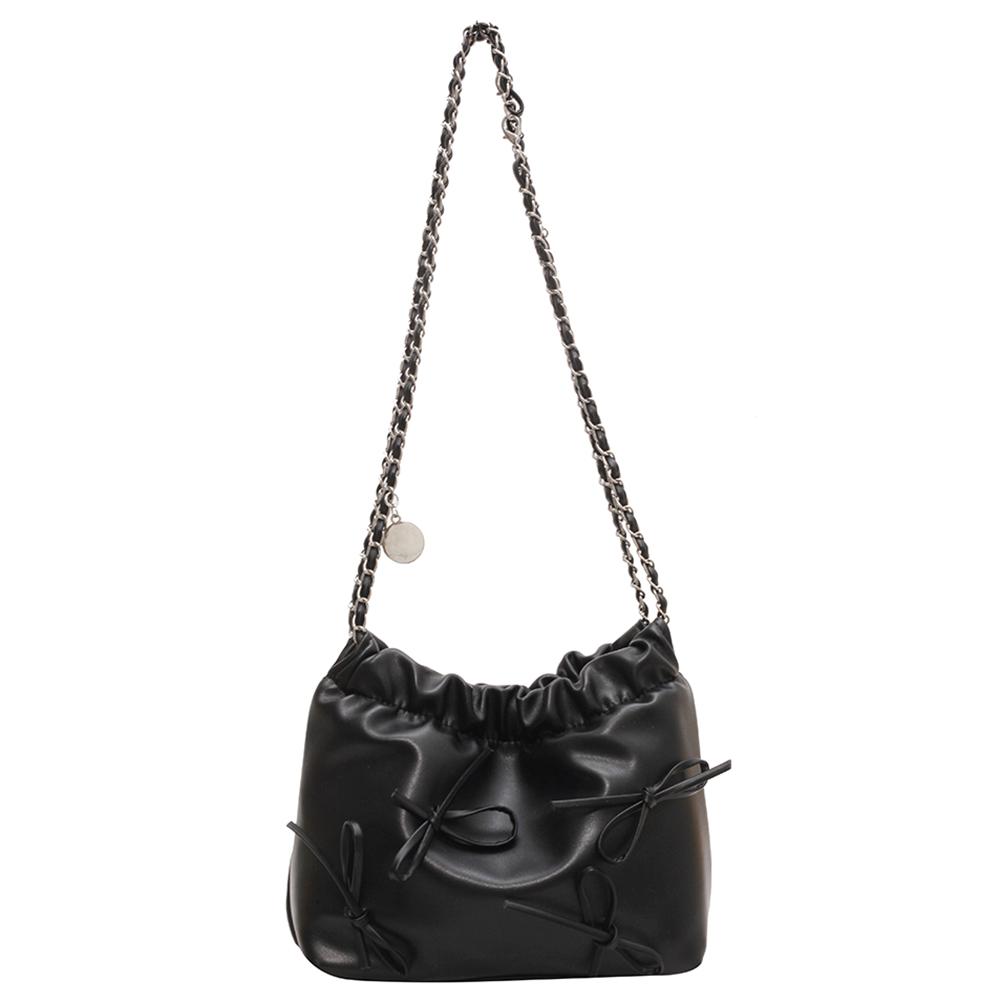 Women Pleated Crossbody Bag Large Capacity PU Bow Shoulder Bag Simple Messenger Bag Solid Color Hasp Closure for Party Vacation