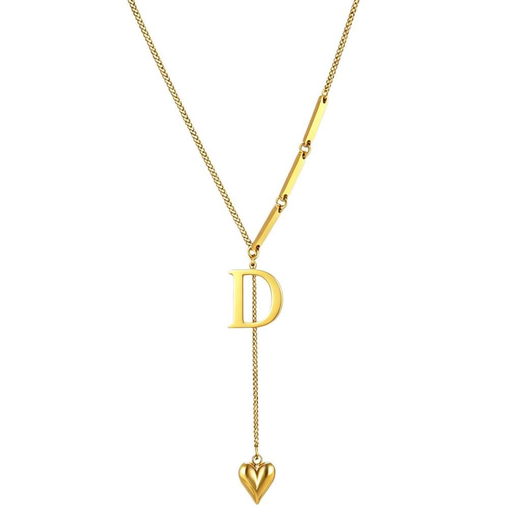 Initial Letter Necklace Gold Plated Stainless Steel Puffy Heart Pendant A-Z Alphabet Lariat Y Choker Waterproof