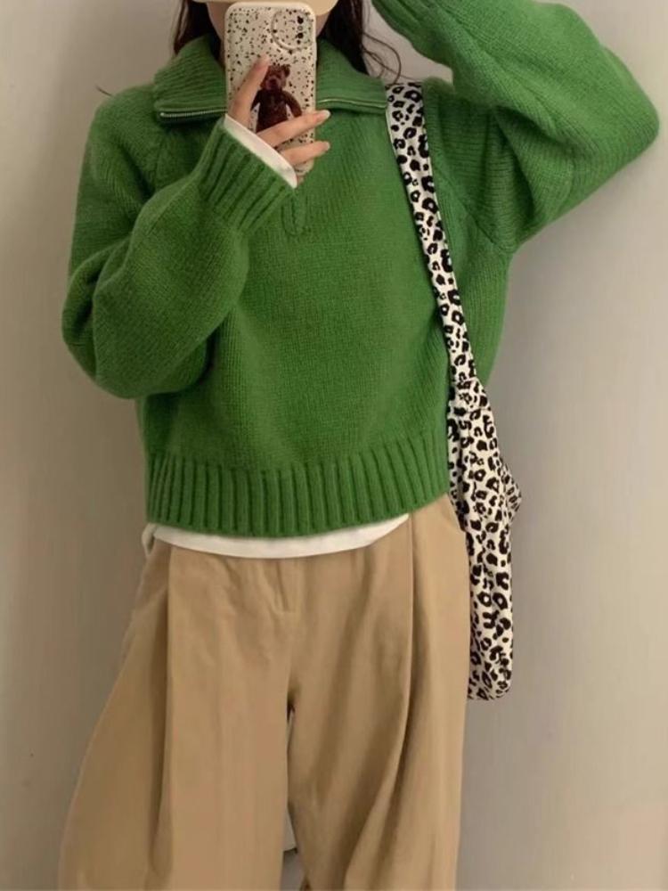 Design Sense Semi-zipper Lapel Pullover Women's Autumn and Winter New Korean Stand-up Collar Loose Temperament Sweater To Wear Outside