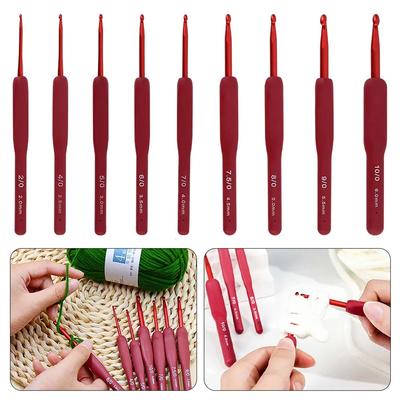 1/9Pcs Red Crochet Hook Silicone Handle Aluminum Hand Knitting Needles Crocheting Weave Crafts Hooks 2/2.5/3/3.5/4/4.5/5/5.5/6mm