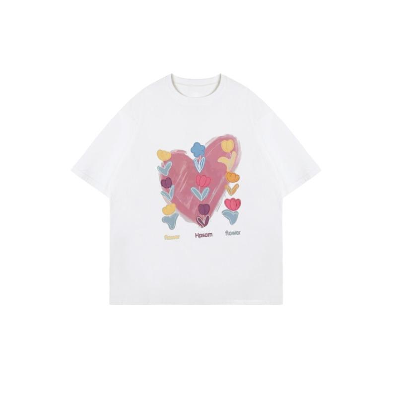 Oversize Women's Short-Sleeve T-Shirt with Pink Heart, Colorful Flowers and "Hpsom flower" Print