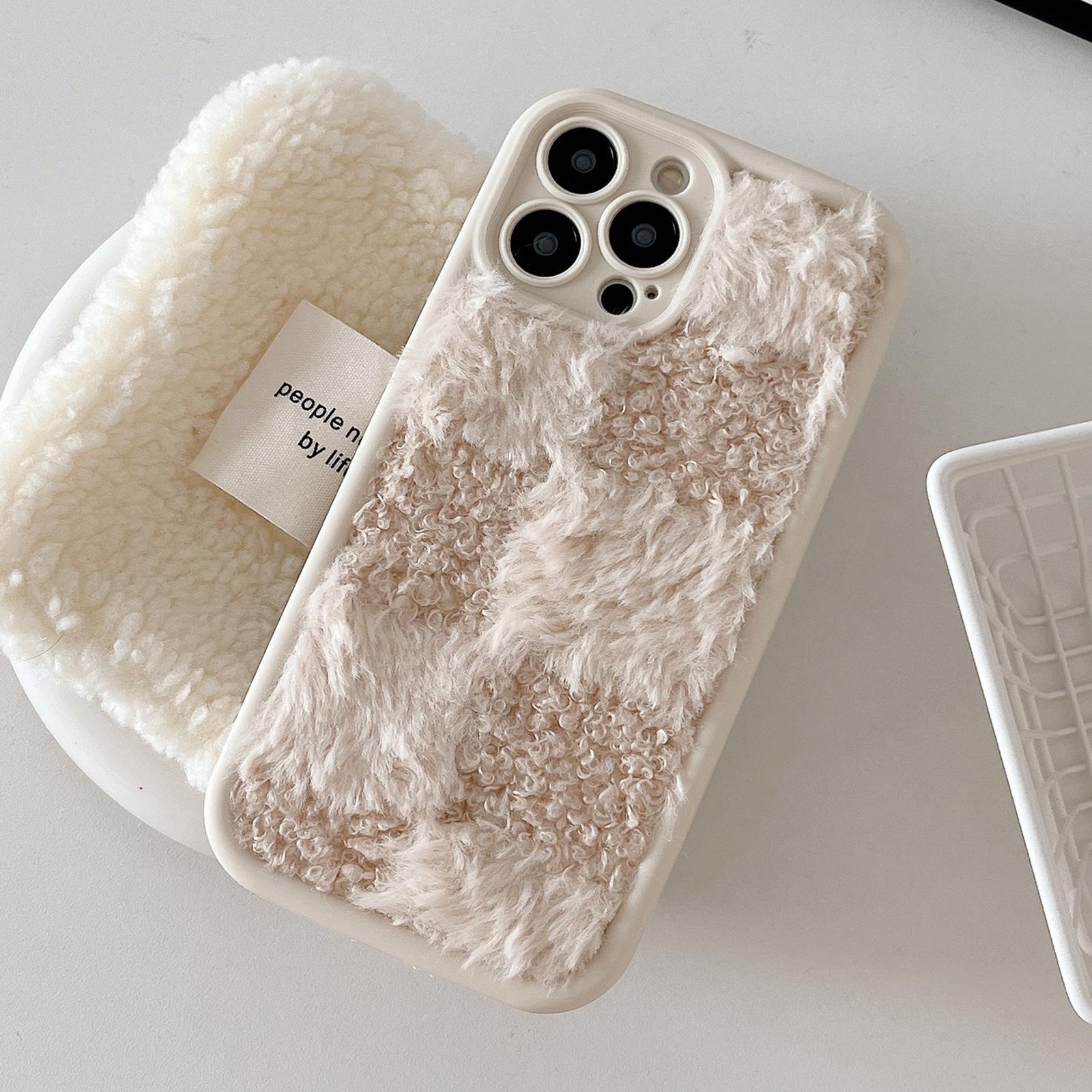 

For iPhone 15 Pro Max Case Plush Patchwork Grid Shockproof TPU Phone Cover White
