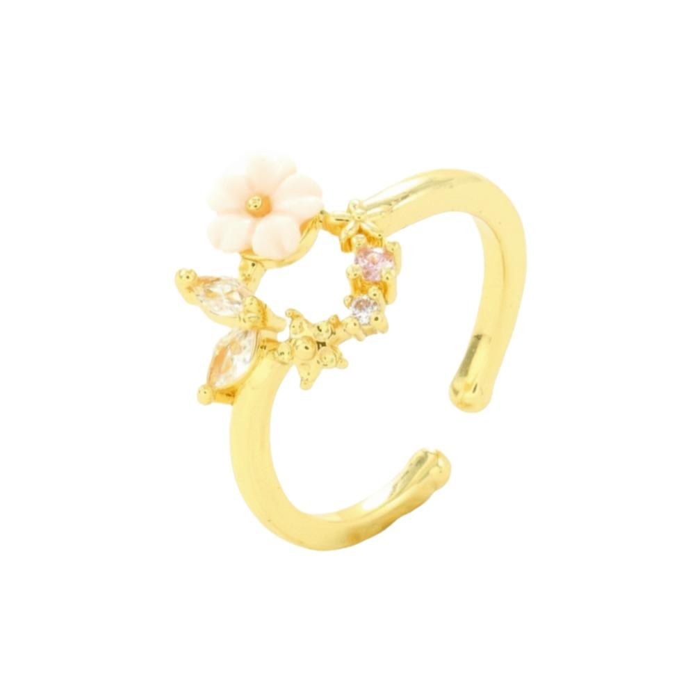 Einzigartiger Goldfarbener Blumenring Exquisites Design Funkelnder Eingelegter Offener Ring Süßer Kristall Zirkonia Ring Urlaubsaccessoires