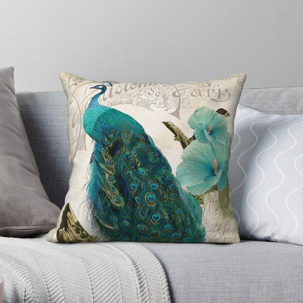 Peacock Peafowl Aqua Teal Square Pillowcase Polyester Linen Velvet Printed Zip Decorative Car Cushion Cover