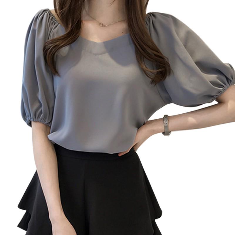 

Летние женские блузки Топы V-образный вырез Короткий рукав Шифоновая блузка Женские рубашки Blusas XXL синий