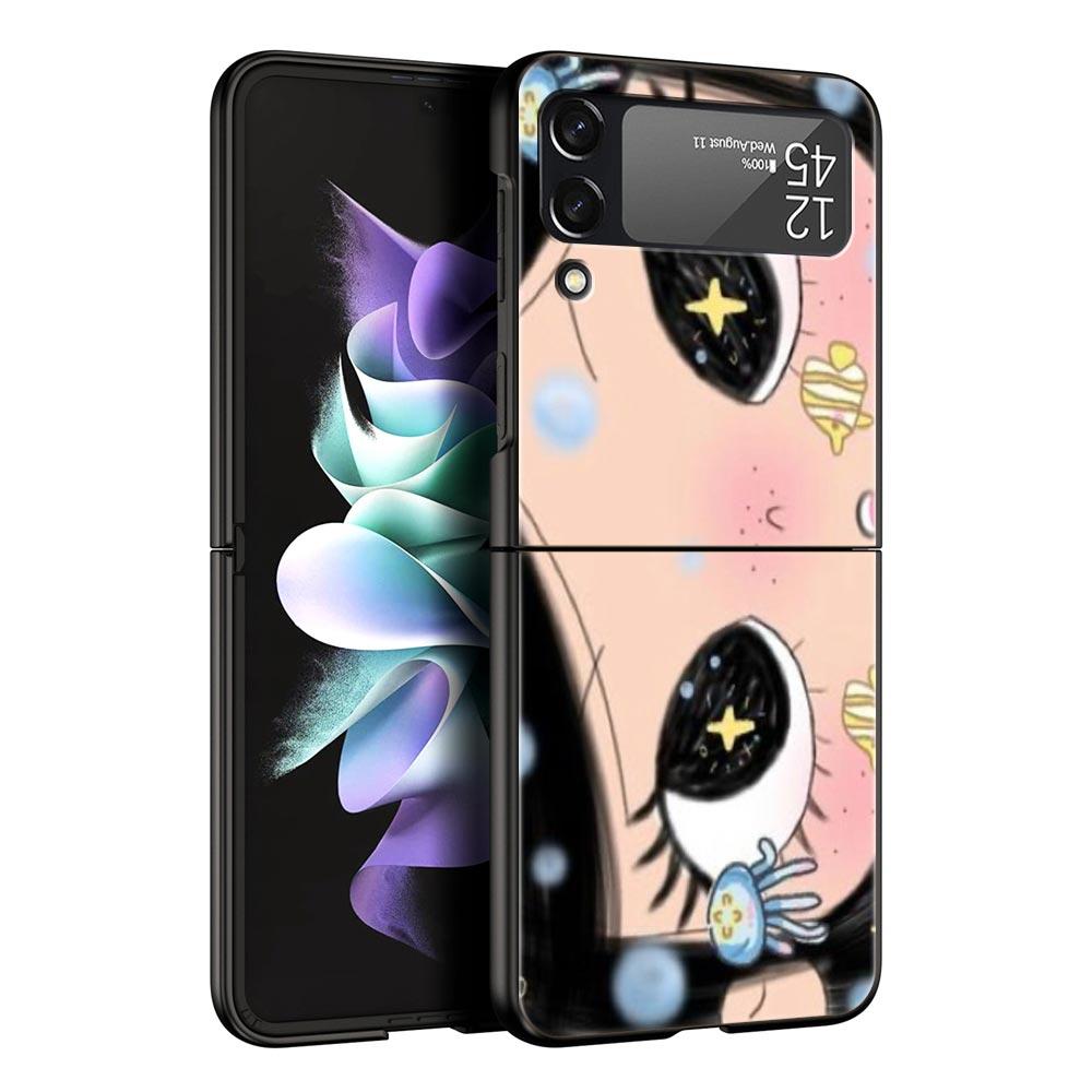 Hard PC Phone Case For Samsung Galaxy Z Flip 7 6 5 4 Black Cover For Galaxy Z Flip 3 Foldable Shockproof Cute Black Big Eyes Bag