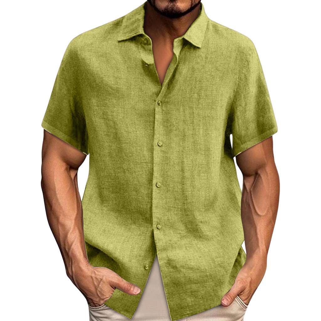 Spring Summer Men's Casual Cotton Linen Color Short Sleeve Shirts Loose Shirts
