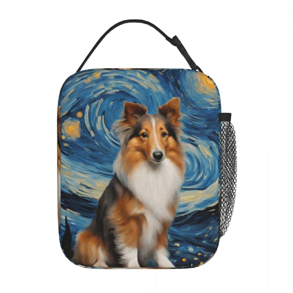 Shetland Sheepdog Dog In A Van Gogh Starry Night Insulated Lunch Bag for Kids School Cooler Thermal Food Box Tote Lunch Boxes