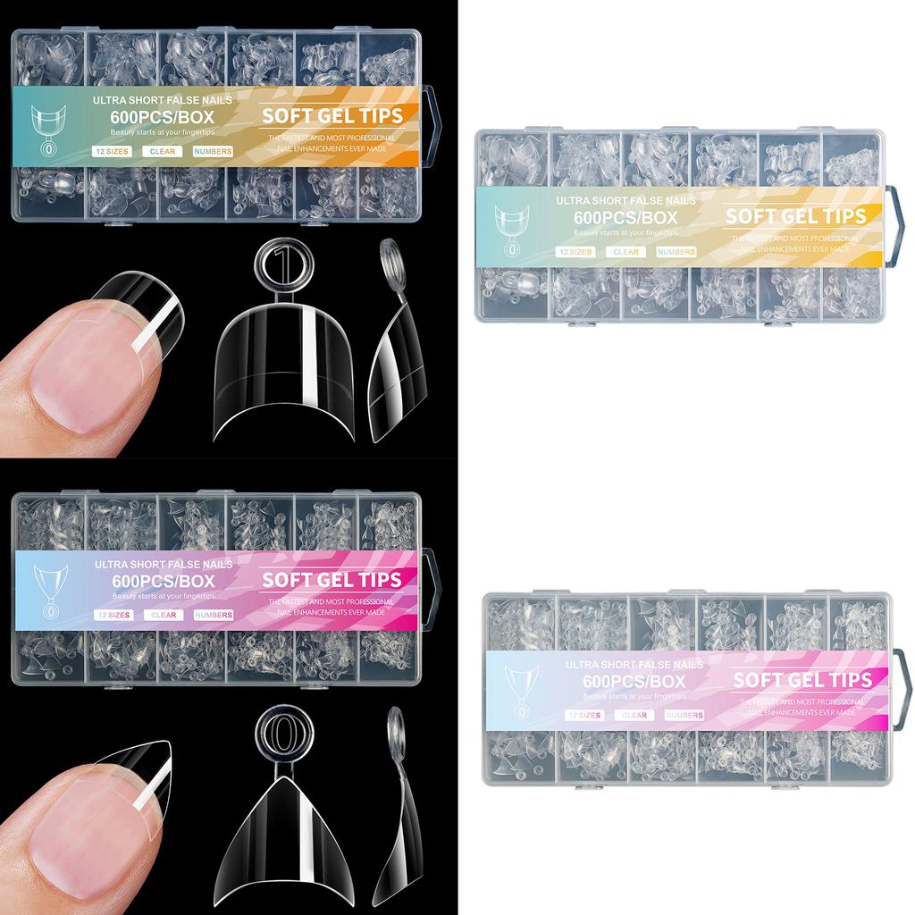600 Pcs/Set Soft Gels Tips Press On Nail Short Half Cover Tips Clear Nail Tips False Nails Tips for Nail Salons