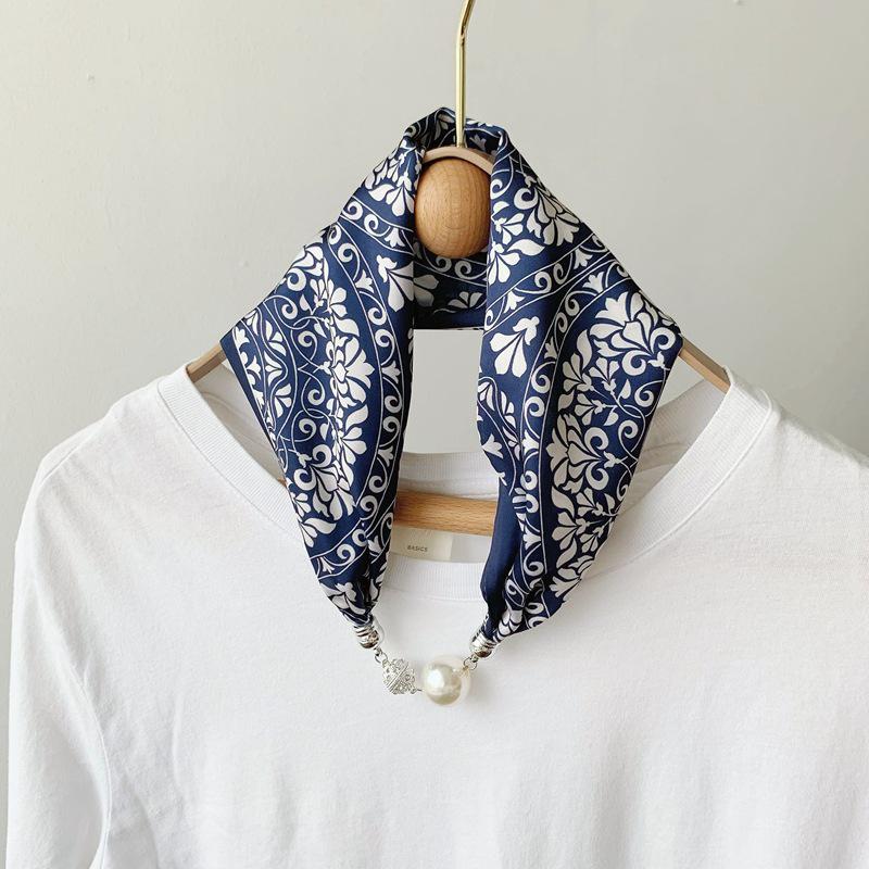 Lazy Magnetic Buckle Summer Scarf with Pearl Necklace Decoration for Women