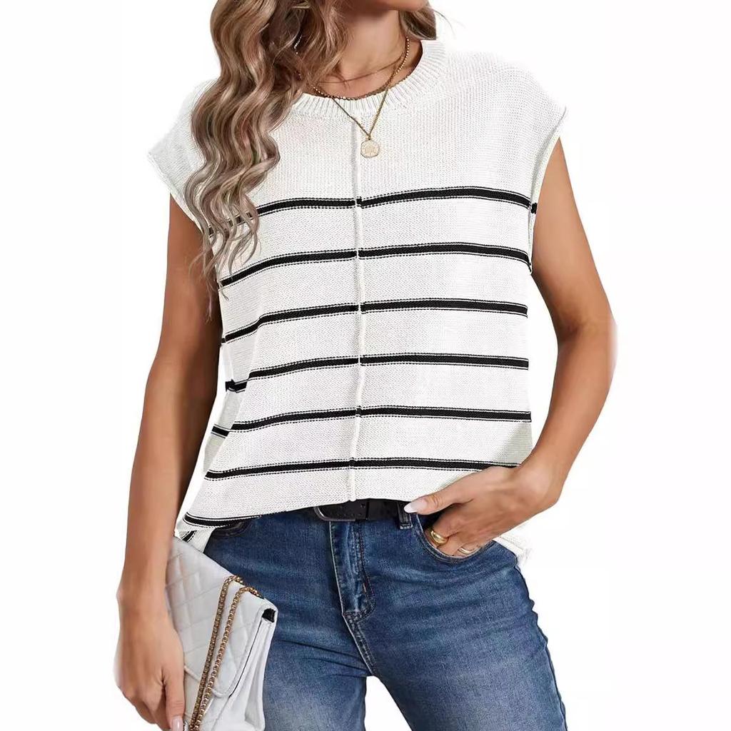 New Women's Striped Knit Sweater Vest Sleeveless Pullover Patchwork Casual Top