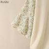 ZANZEA Women Casual V-Neck Print Splice Loose 3/4 Sleeve Blouse