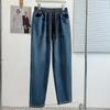 High-Quality Plus Size Stretch Slimming Boyfriend Jeans: Women's Korean Style High Waist Drawstring Small Straight Leg Cropped Pants