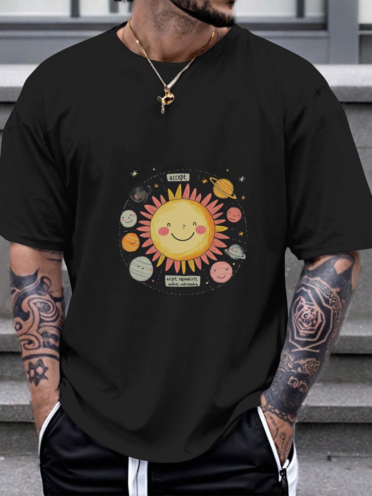 1pc smiling sun colorful planets and stars graphic T-shirt L